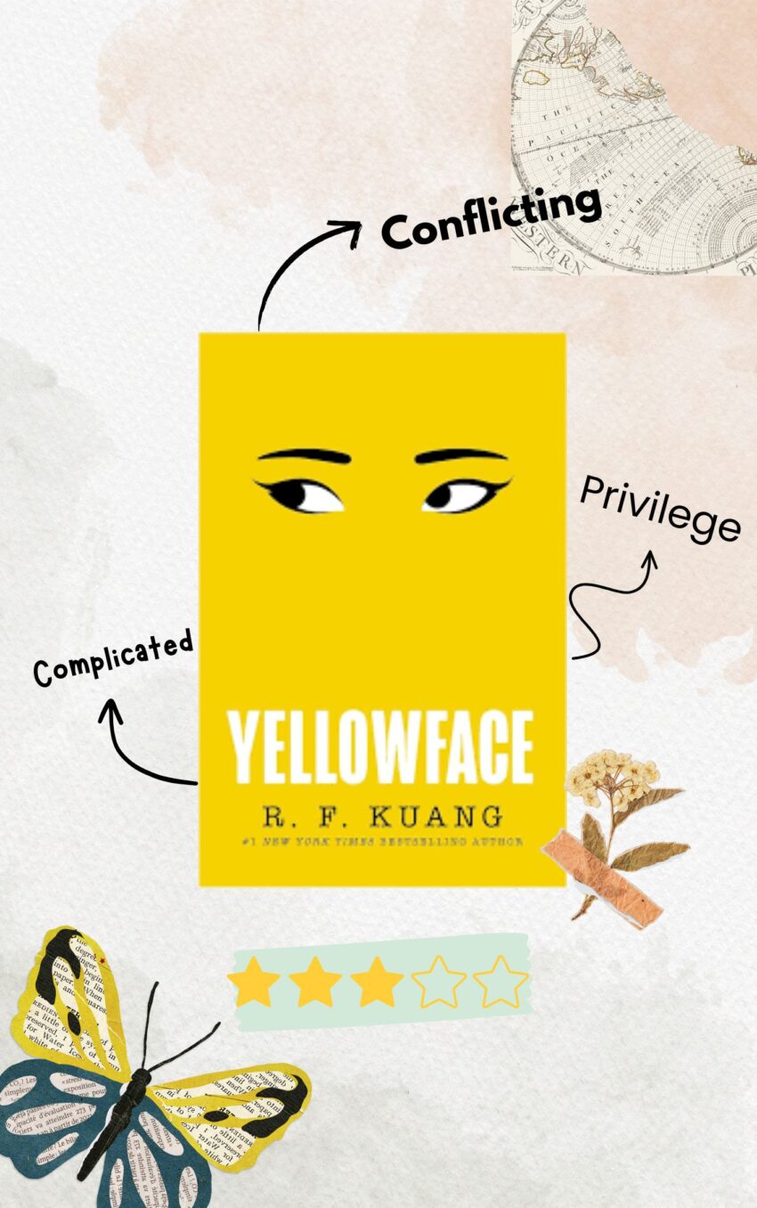 A book cover of Yellowface by R.F. Kuang, featuring bold, modern typography against a minimalist background with subtle shades of yellow, reflecting themes of identity, appropriation, and ambition explored in the novel.